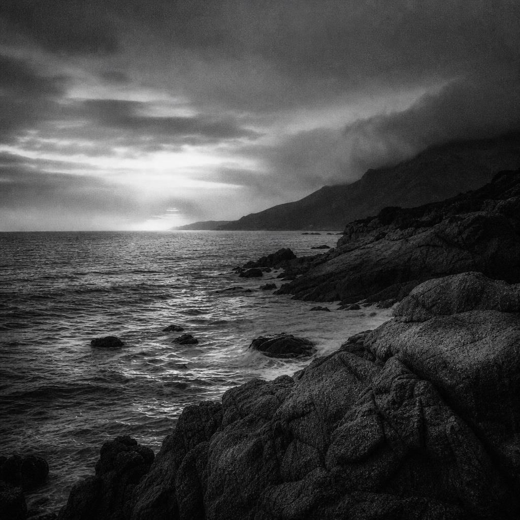 Cinematic black and white campaign image of figures gathered on a windswept cliff above the sea